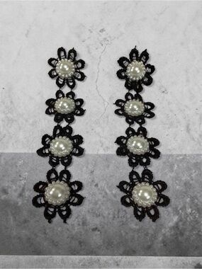 Vintage Handmade Plastic Pearl Floral Crocheted Drop Earrings